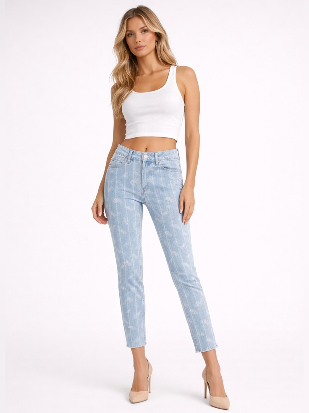 PAIGE Cindy Slim Jeans Striped Paisley Raw Hem Ankle Light Wash Size 27